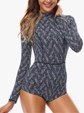 AXESEA Women’s Full Coverage Long Sleeve One Piece Swim Suit Navy/White Size 16